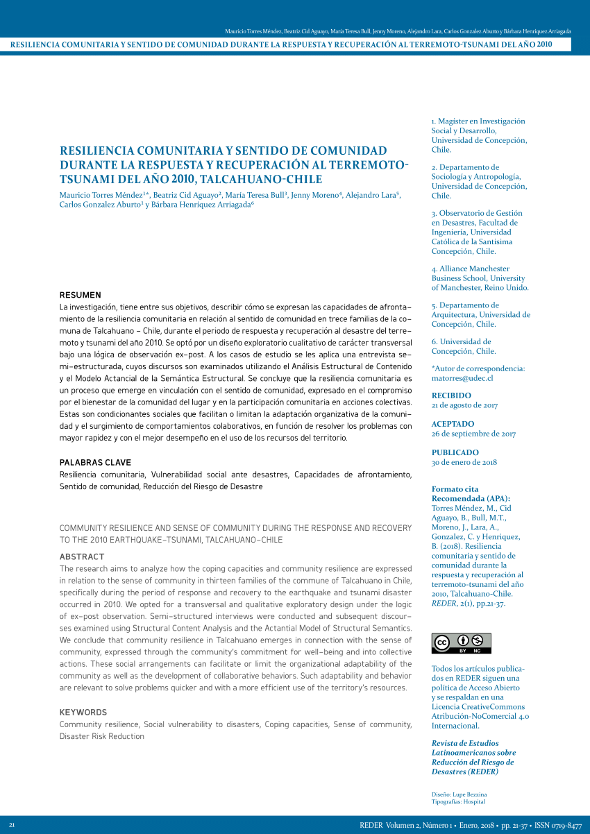 Pdf Resiliencia Comunitaria Y Sentido De Comunidad Durante La Respuesta Y Recuperacion Al Terremoto Tsunami Del Ano 10 Talcahuano Chile