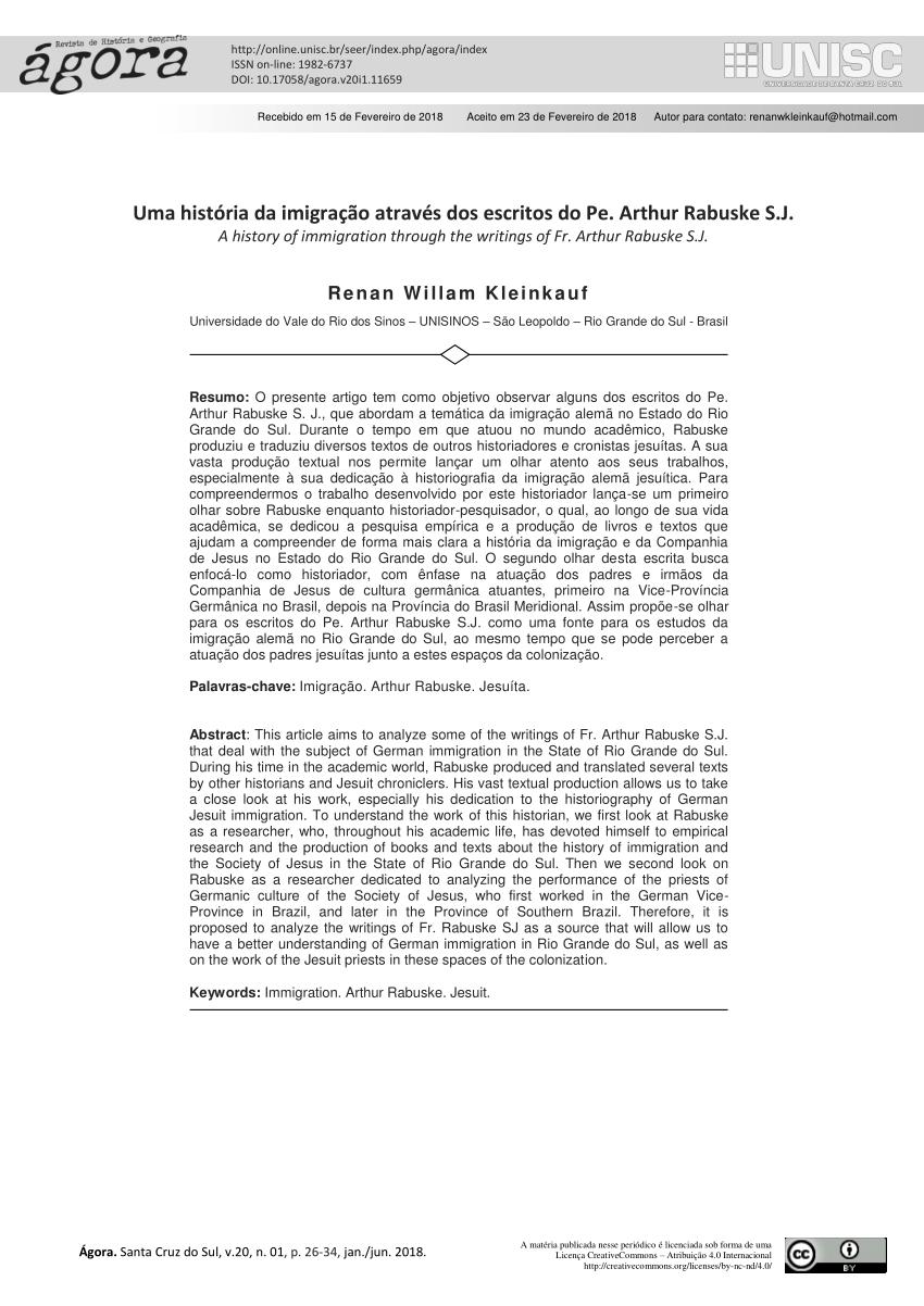 Pdf Uma História Da Imigração Através Dos Escritos Do Pe Arthur Rabuske Sj 6043