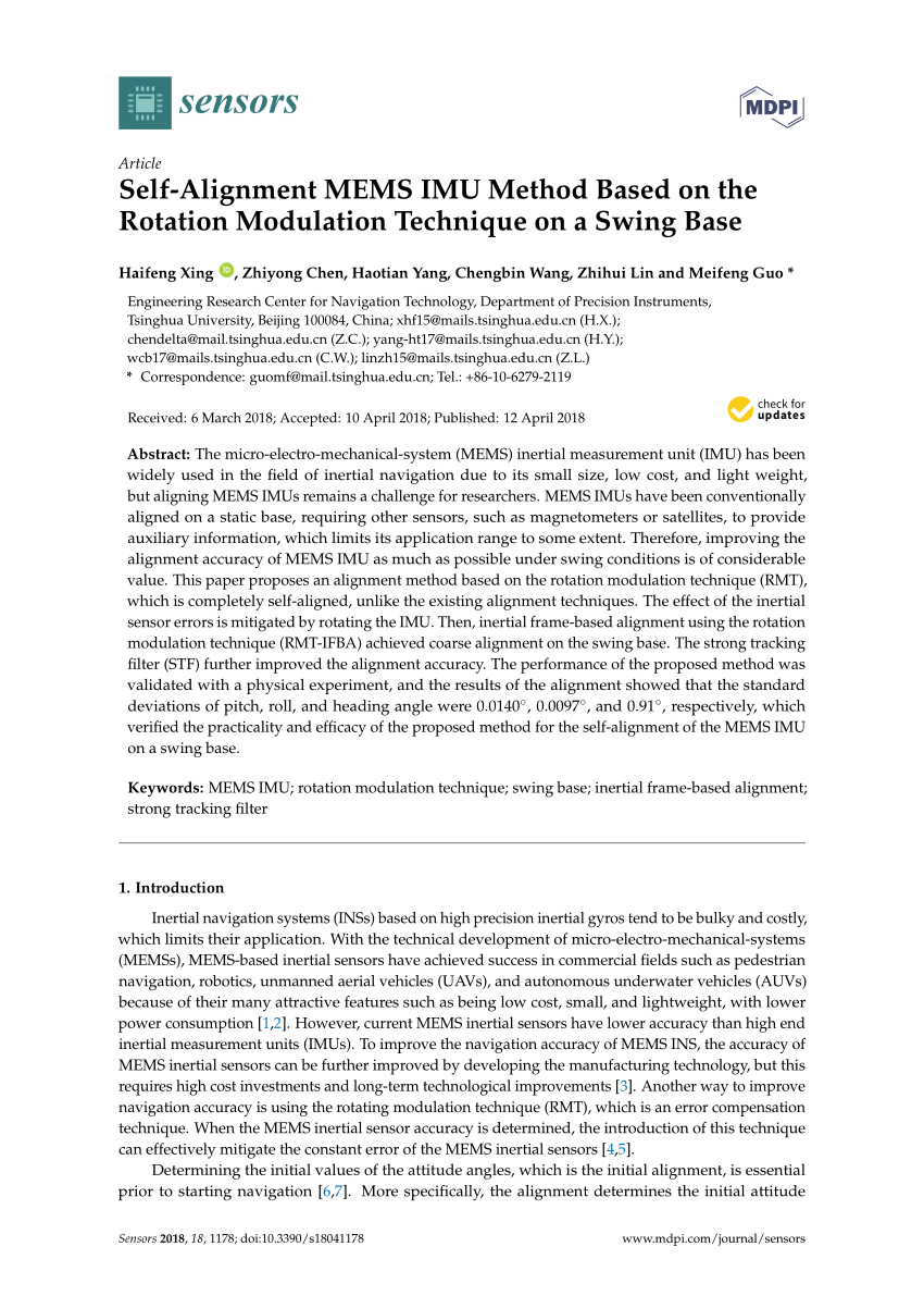 Pdf Self Alignment Mems Imu Method Based On The Rotation Modulation Technique On A Swing Base
