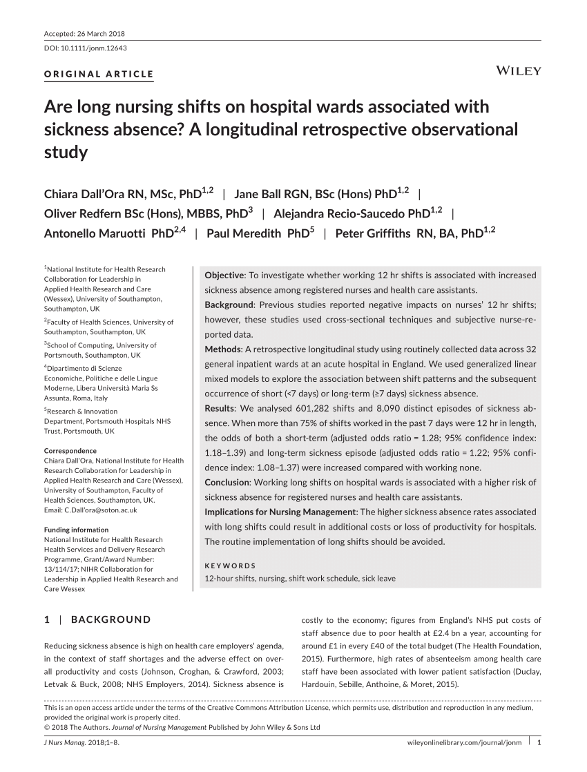 Pdf Are Long Nursing Shifts On Hospital Wards Associated With Sickness Absence A Longitudinal Retrospective Observational Study Nurses 12 Hour Shifts And Sickness Absence