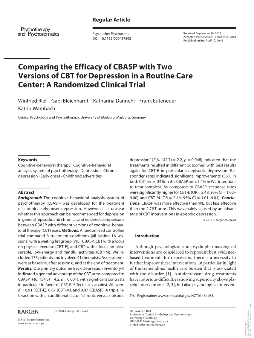Pdf Comparing The Efficacy Of Cbasp With Two Versions Of Cbt For Depression In A Routine Care Center A Randomized Clinical