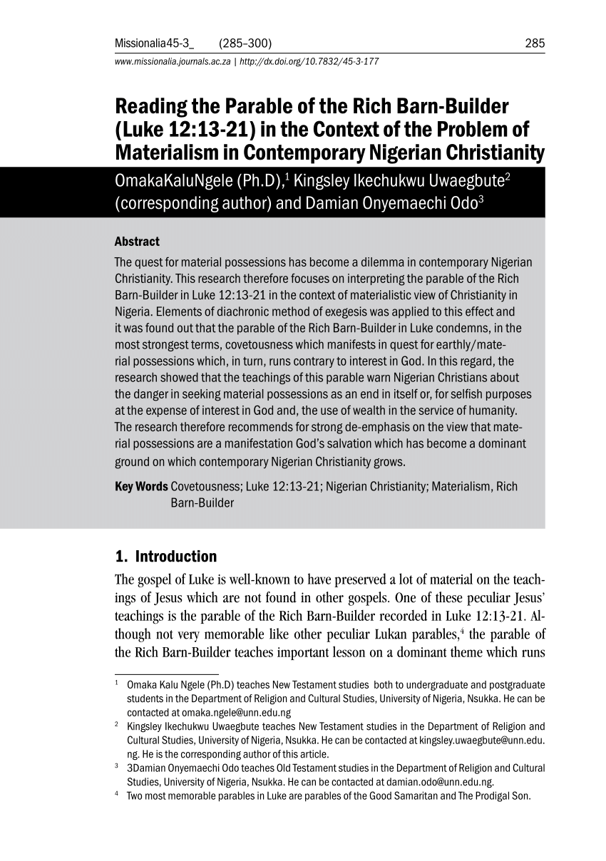 Pdf Reading The Parable Of The Rich Barn Builder Luke 12 13 21 In Thecontext Of The Problem Of Materialism In Contemporary Nigerian Christianity