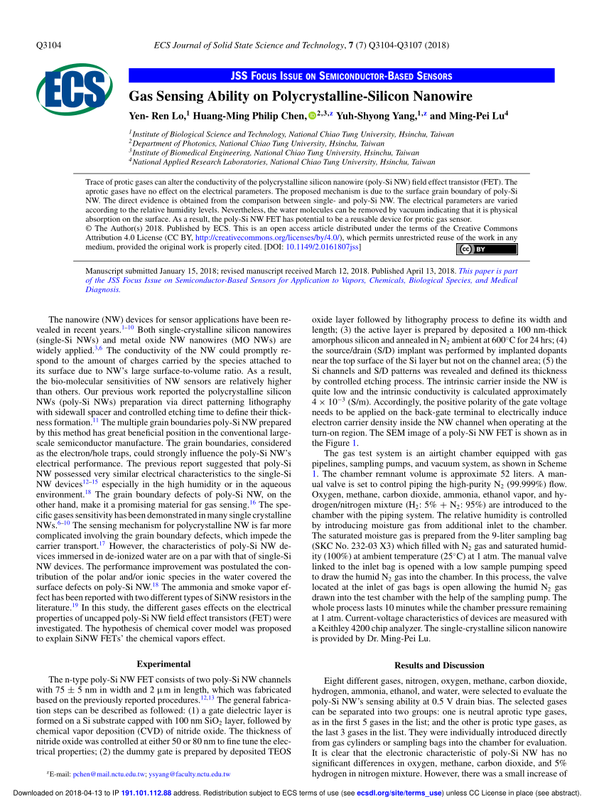 Pdf Gas Sensing Ability On Polycrystalline Silicon Nanowire