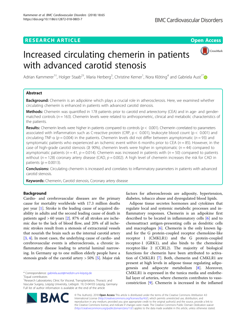 Pdf Increased Circulating Chemerin In Patients With Advanced Carotid Stenosis