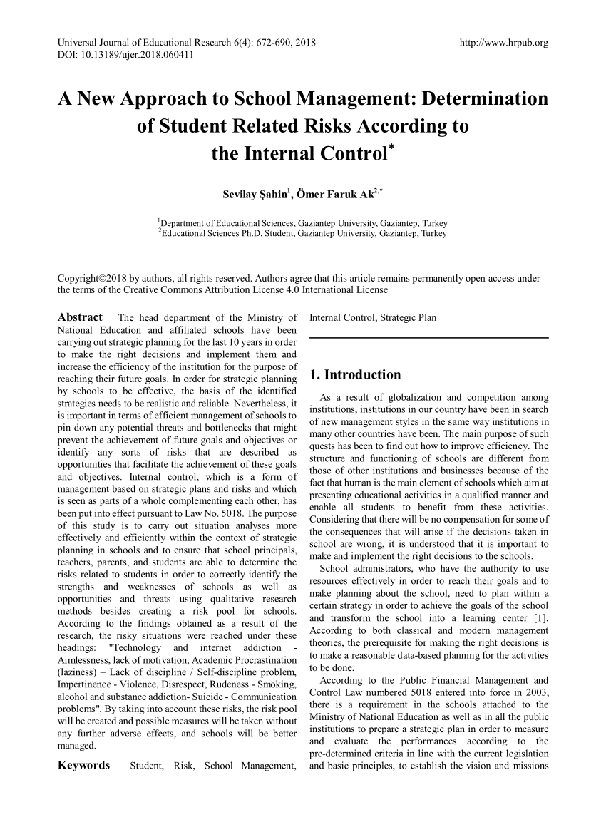 pdf a new approach to school management determination of student related risks according to the internal control