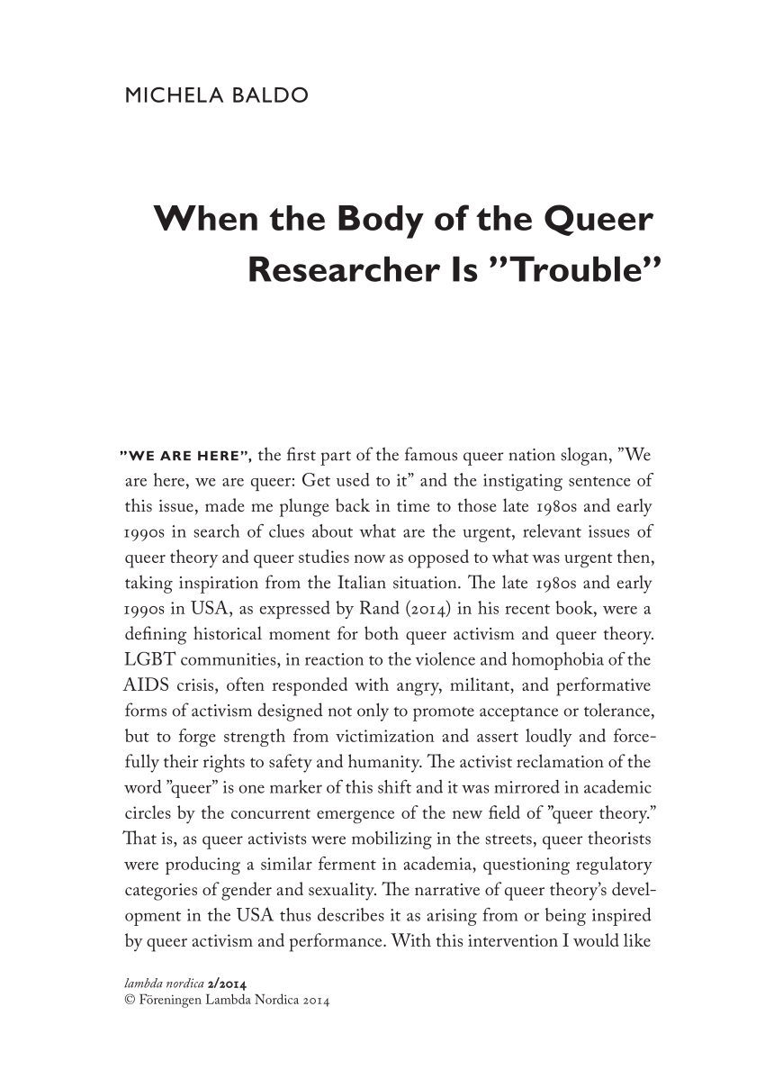 PDF) When the Body of the Queer Researcher Is ”Trouble”