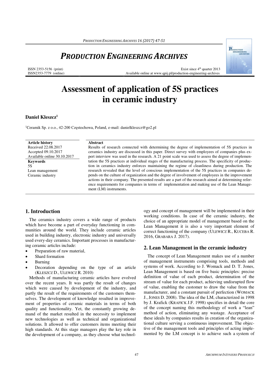 Pdf Assessment Of Application Of 5s Practices In Ceramic Industry