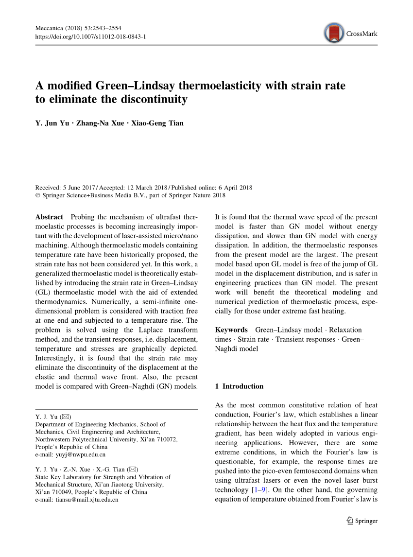 Pdf A Modified Green Lindsay Thermoelasticity With Strain Rate To Eliminate The Discontinuity