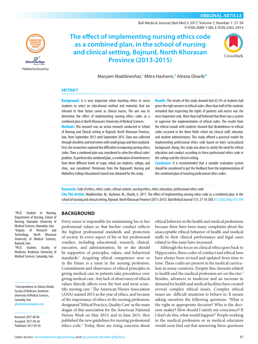 Pdf The Effect Of Implementing Nursing Ethics Code As A Combined Plan In The School Of Nursing And Clinical Setting Bojnurd North Khorasan Province 13 15