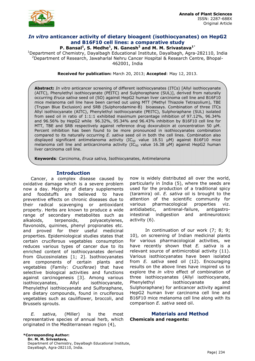 Pdf In Vitro Anticancer Activity Of Dietary Bioagent Isothiocyanates On Hepg2 And B16f10 Cell Lines A Comparative Study