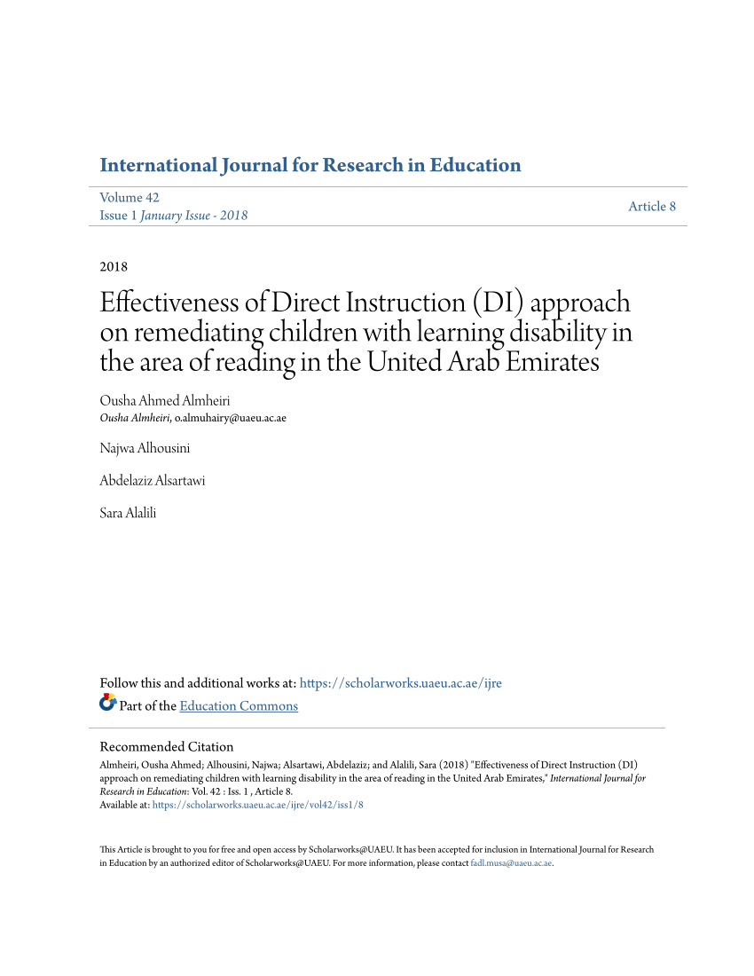 Pdf Effectiveness Of Direct Instruction Di Approach On Remediating Children With Learning Disability In The Area Of Reading In The United Arab Emirates Recommended Citation