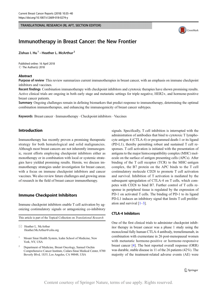 PDF) Immunotherapy in Breast Cancer: the New Frontier