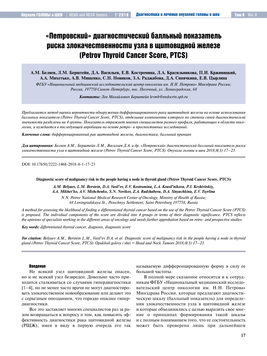 PDF) Diagnostic score of malignancy risk in the people having a node in  thyroid gland (Petrov Thyroid Cancer Score, PTCS)