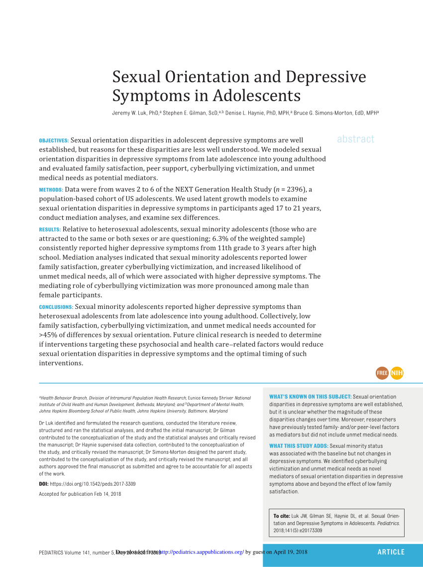 PDF Sexual Orientation and Depressive Symptoms in Adolescents