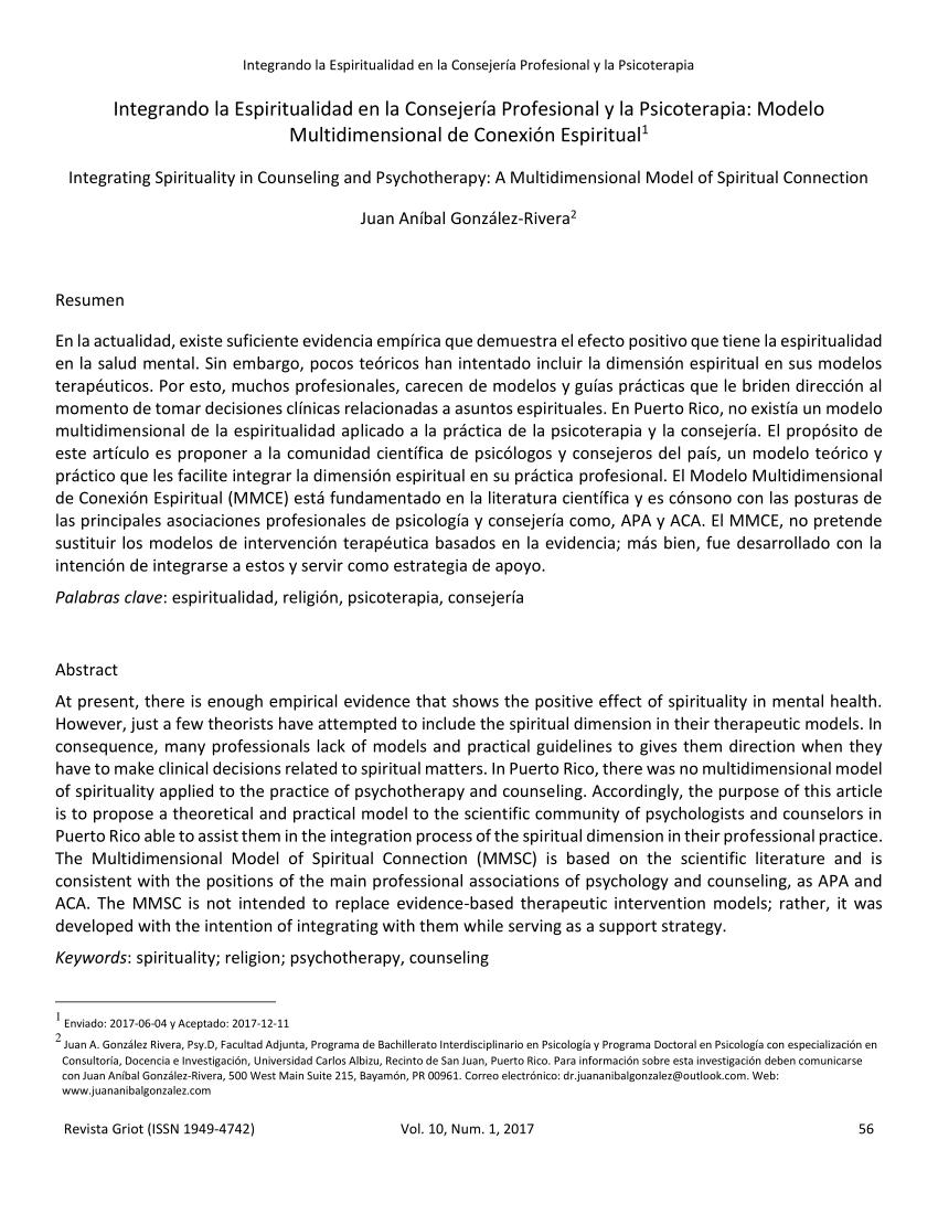 PDF) Integrando la Espiritualidad en la Consejería Profesional y la  Psicoterapia: Modelo Multidimensional de Conexión Espiritual