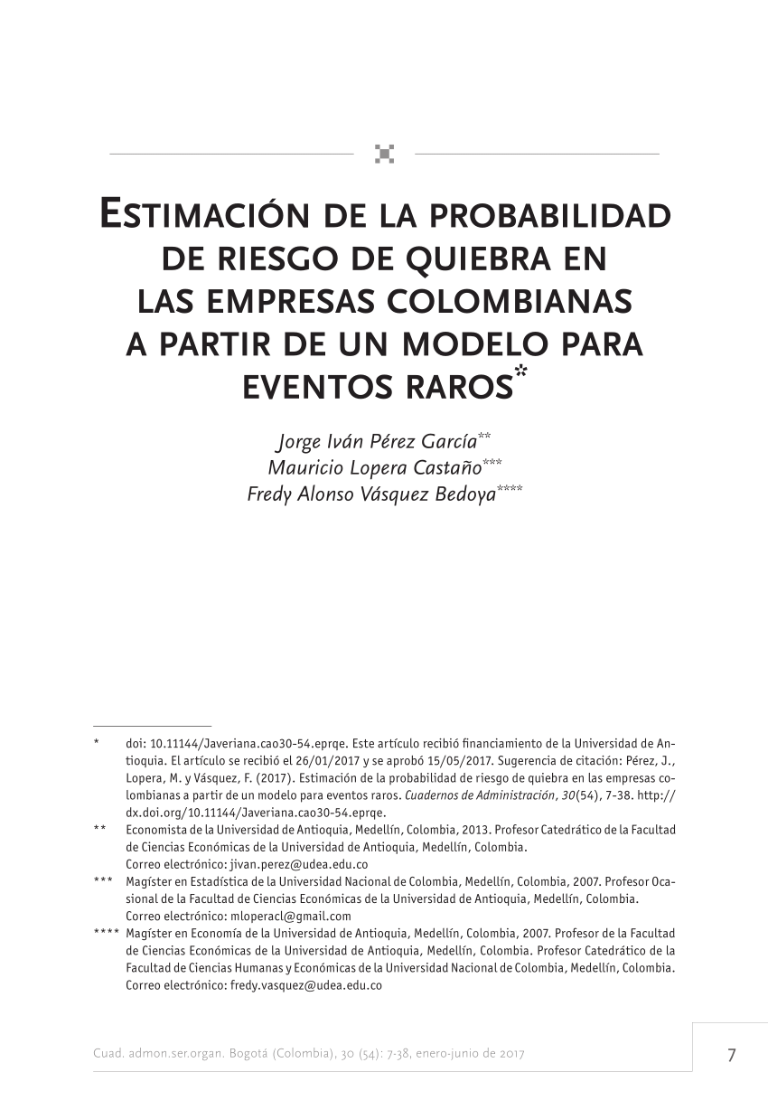 PDF) Estimación de la probabilidad de riesgo de quiebra en las empresas  colombianas a partir de un modelo para eventos raros.
