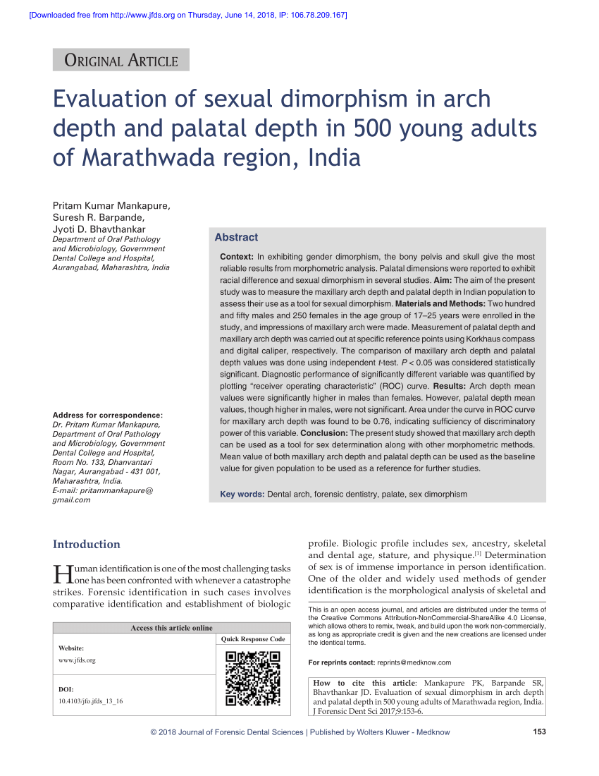 Pdf Evaluation Of Sexual Dimorphism In Arch Depth And Palatal Depth In 500 Young Adults Of 6701