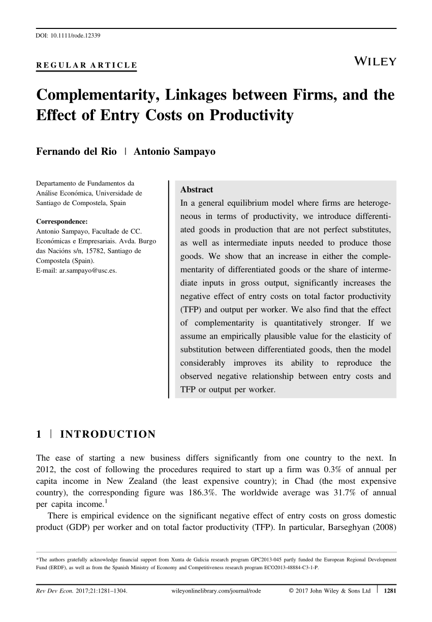 Pdf Complementarity Linkages Between Firms And The Effect Of Entry Costs On Productivity