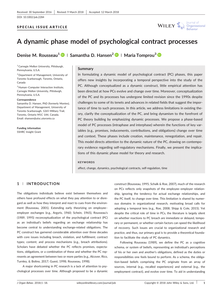 Pdf A Dynamic Phase Model Of Psychological Contract Processes