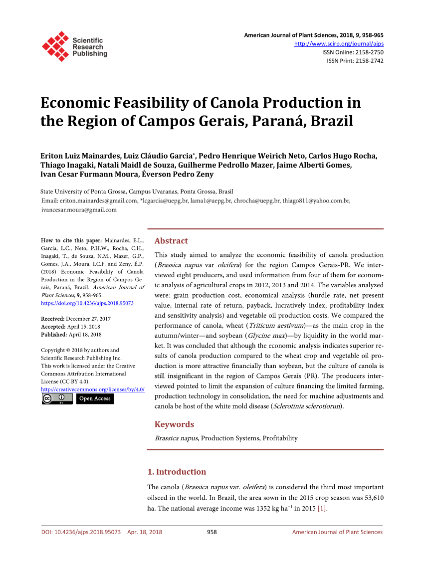 Pdf Economic Feasibility Of Canola Production In The Region Of Campos Gerais Parana Brazil