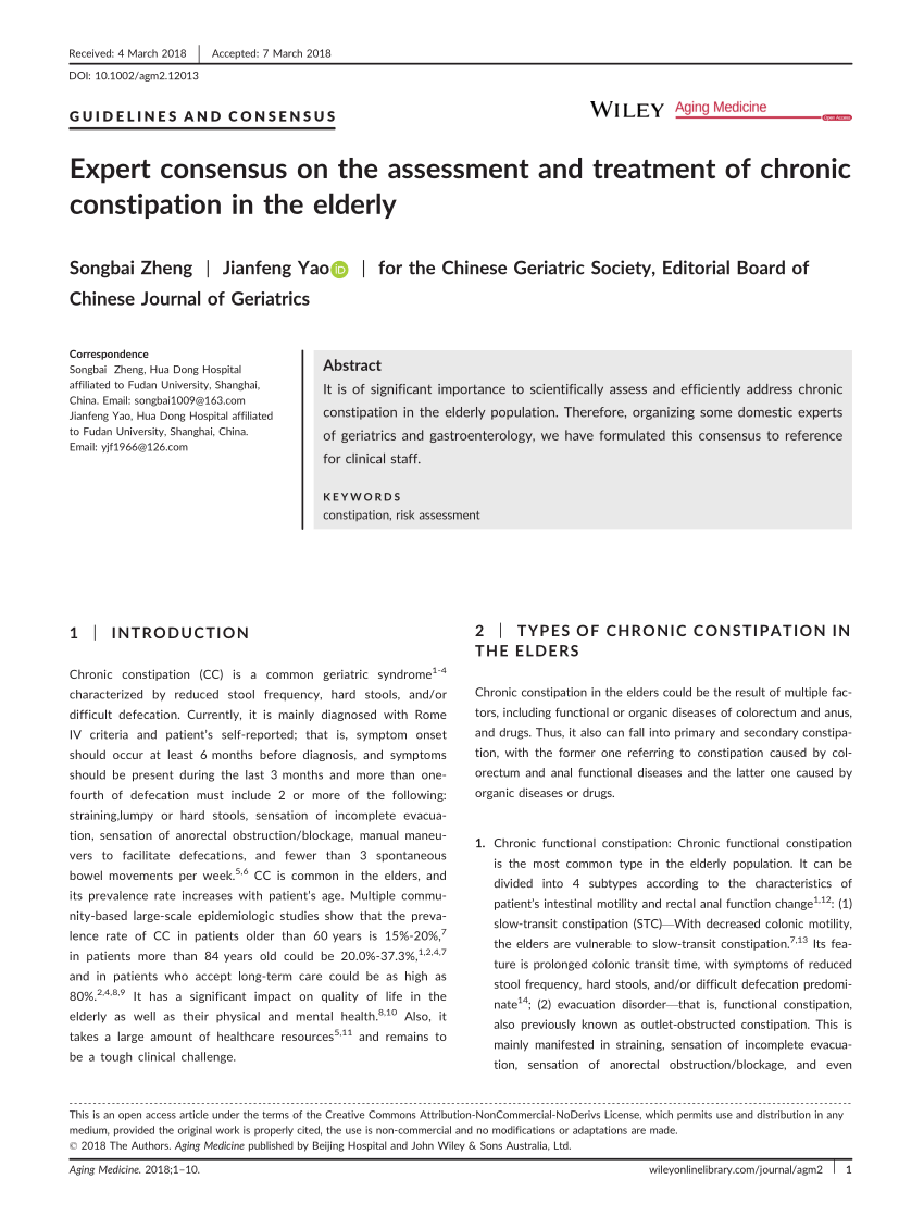 Pdf Expert Consensus On The Assessment And Treatment Of Chronic Constipation In The Elderly 