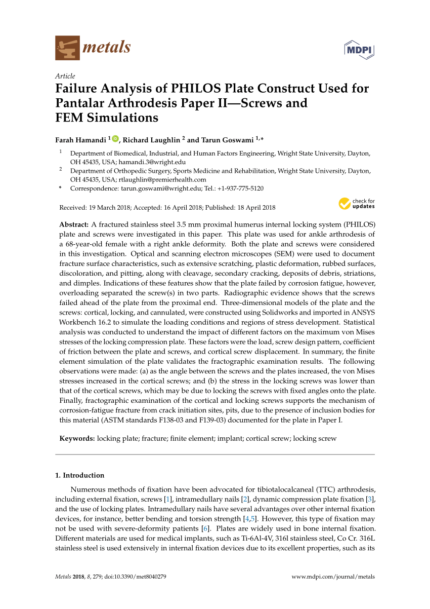 PDF) Failure Analysis of PHILOS Plate Construct Used for Pantalar  Arthrodesis Paper II—Screws and FEM Simulations