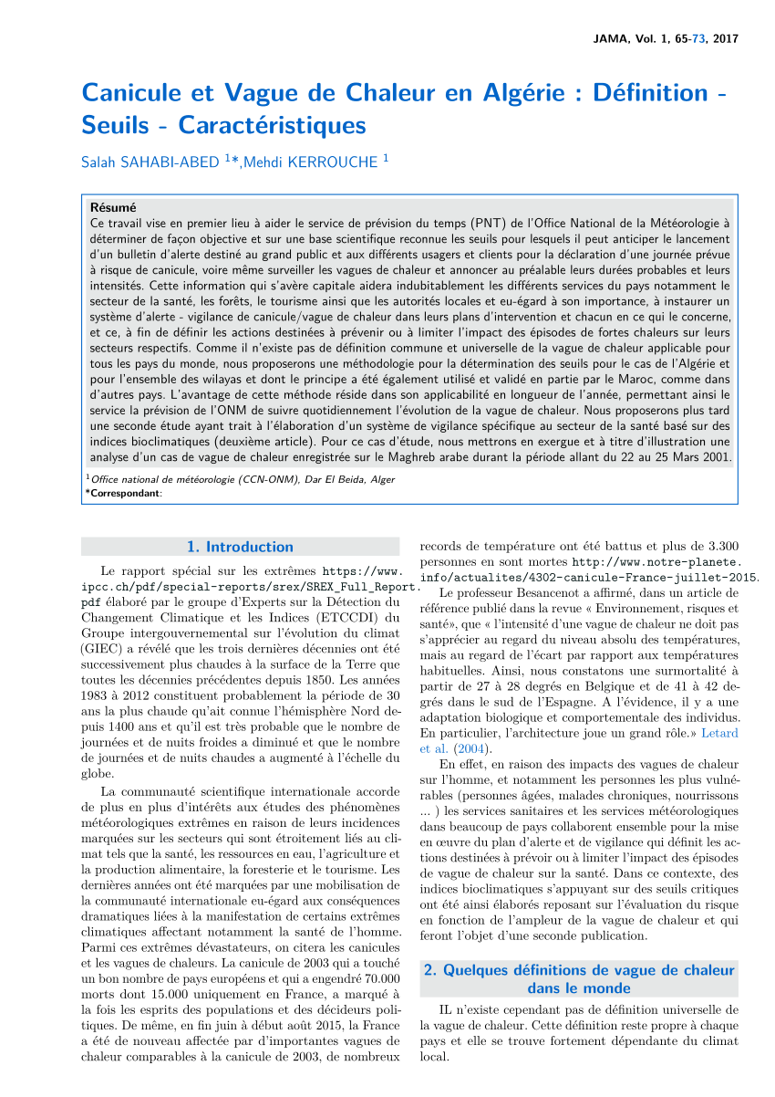 Pdf Canicule Et Vague De Chaleur En Algerie Definition Seuils Caracteristiques