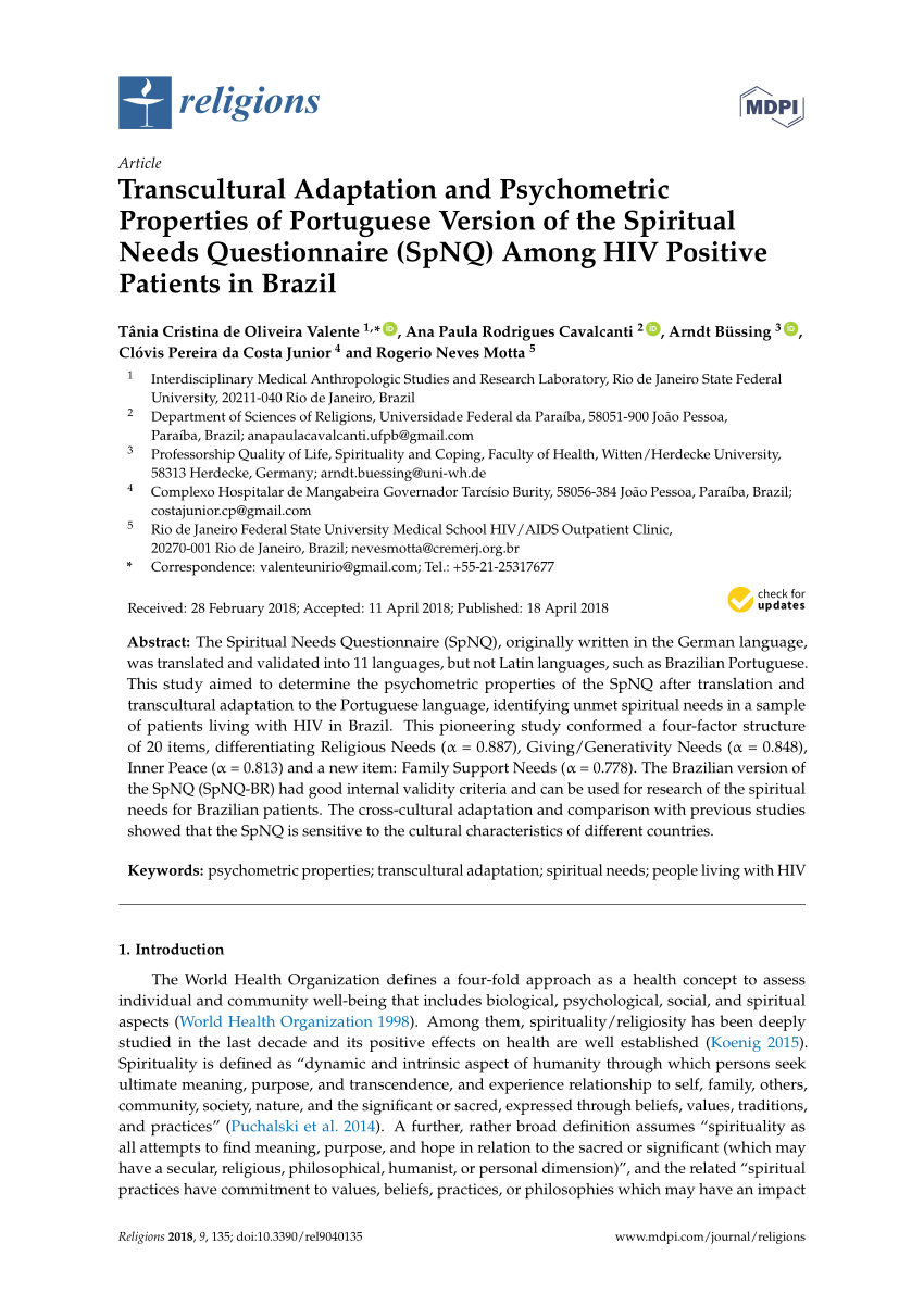 Pdf Transcultural Adaptation And Psychometric Properties Of Portuguese Version Of The Spiritual Needs Questionnaire Spnq Among Hiv Positive Patients In Brazil