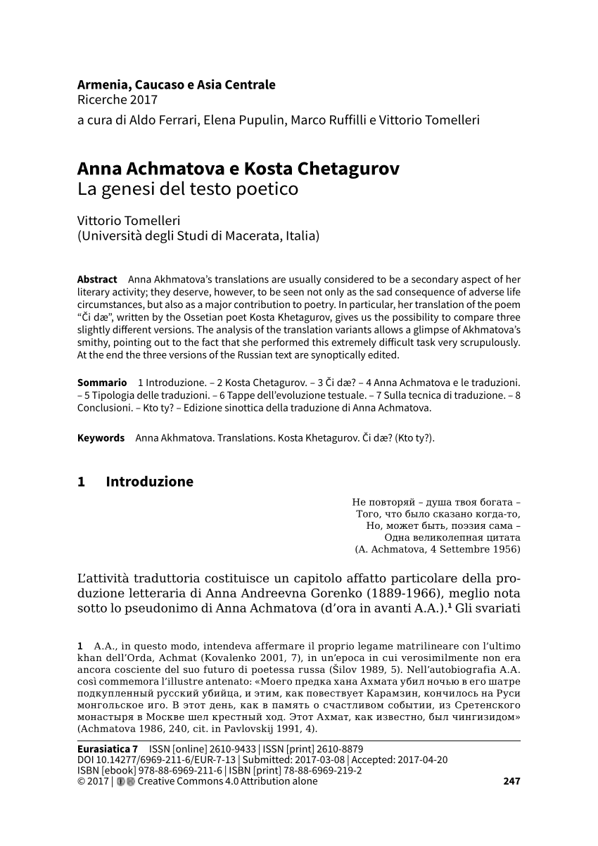 PDF) Anna Achmatova e Kosta Chetagurov: Ricerche 2017