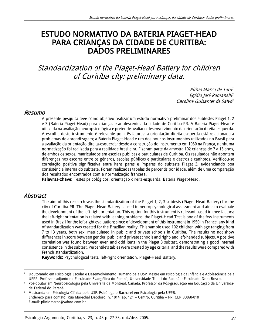 PDF ESTUDO NORMATIVO DA BATERIA PIAGET HEAD PARA CRIAN AS DA