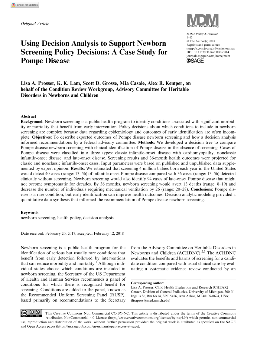 PDF) Decision Analysis to Support Newborn Screening Policy Decisions: A Case for Disease
