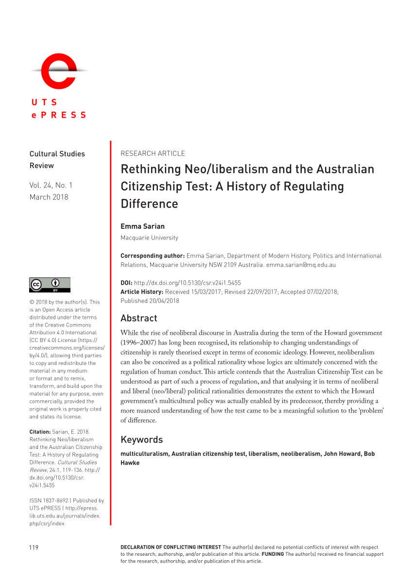 Neo/liberalism and the Australian Citizenship Test: History of Regulating Difference