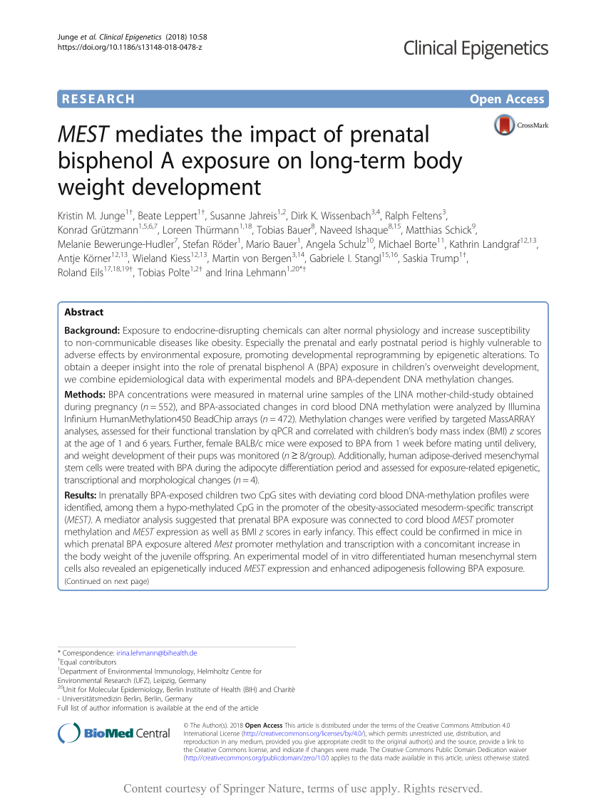 (PDF) MEST mediates the impact of prenatal bisphenol A exposure on  long-term body weight development