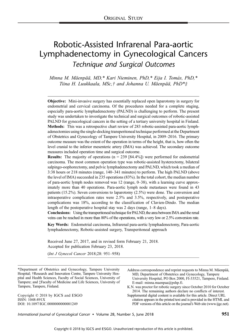 Pdf Robotic Assisted Infrarenal Para Aortic Lymphadenectomy In Gynecological Cancers 