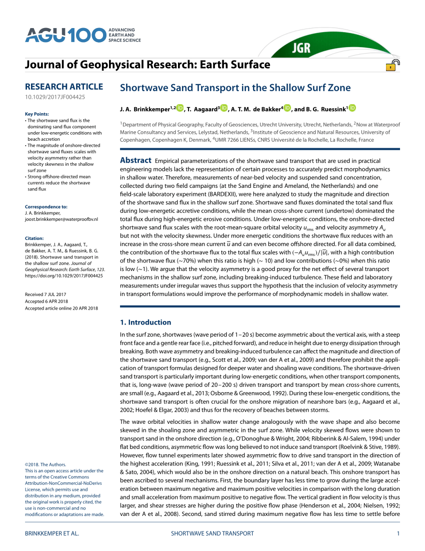 Pdf Shortwave Sand Transport In The Shallow Surf Zone