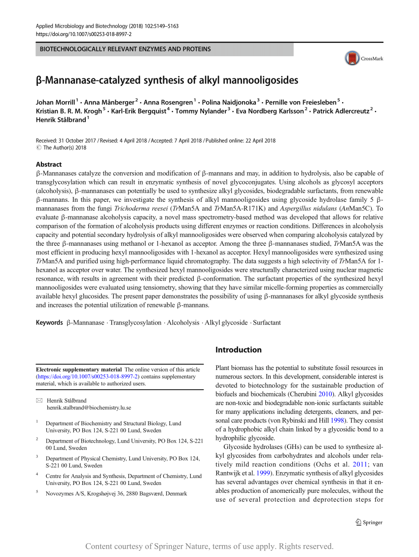 Pdf B Mannanase Catalyzed Synthesis Of Alkyl Mannooligosides