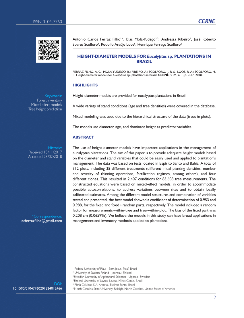 Pdf Height Diameter Models For Eucalyptus Sp Plantations In Brazil