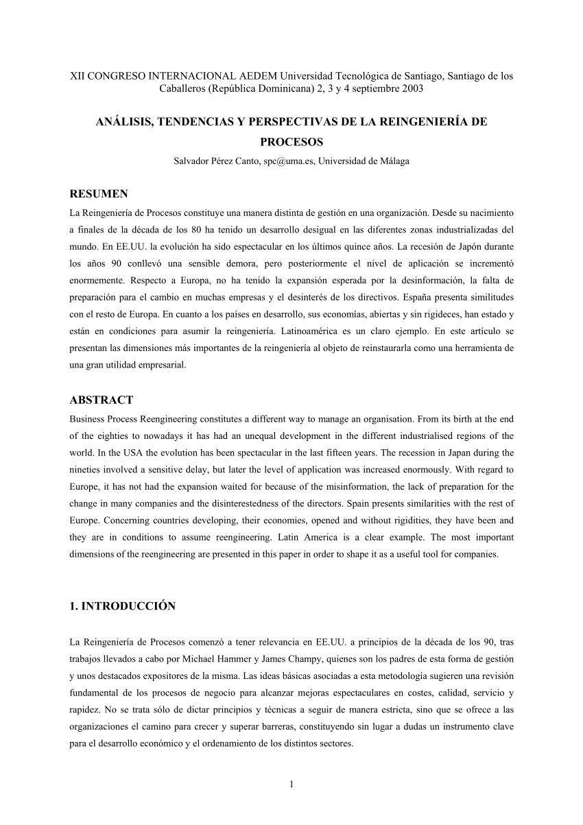PDF) Análisis, tendencias y perspectivas de la Reingeniería de Procesos