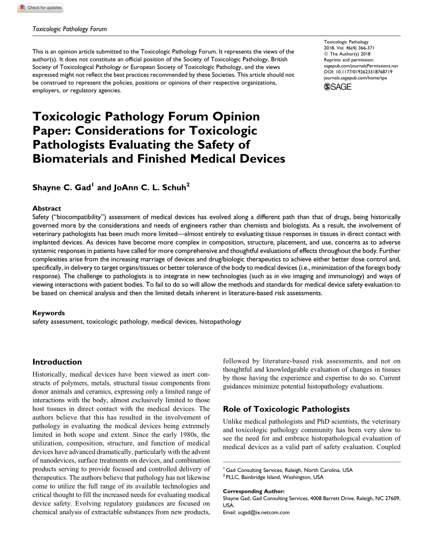 Pdf Regulatory Forum Opinion Paper Considerations For Toxicologic Pathologists Evaluating The Safety Of Biomaterials And Finished Medical Devices