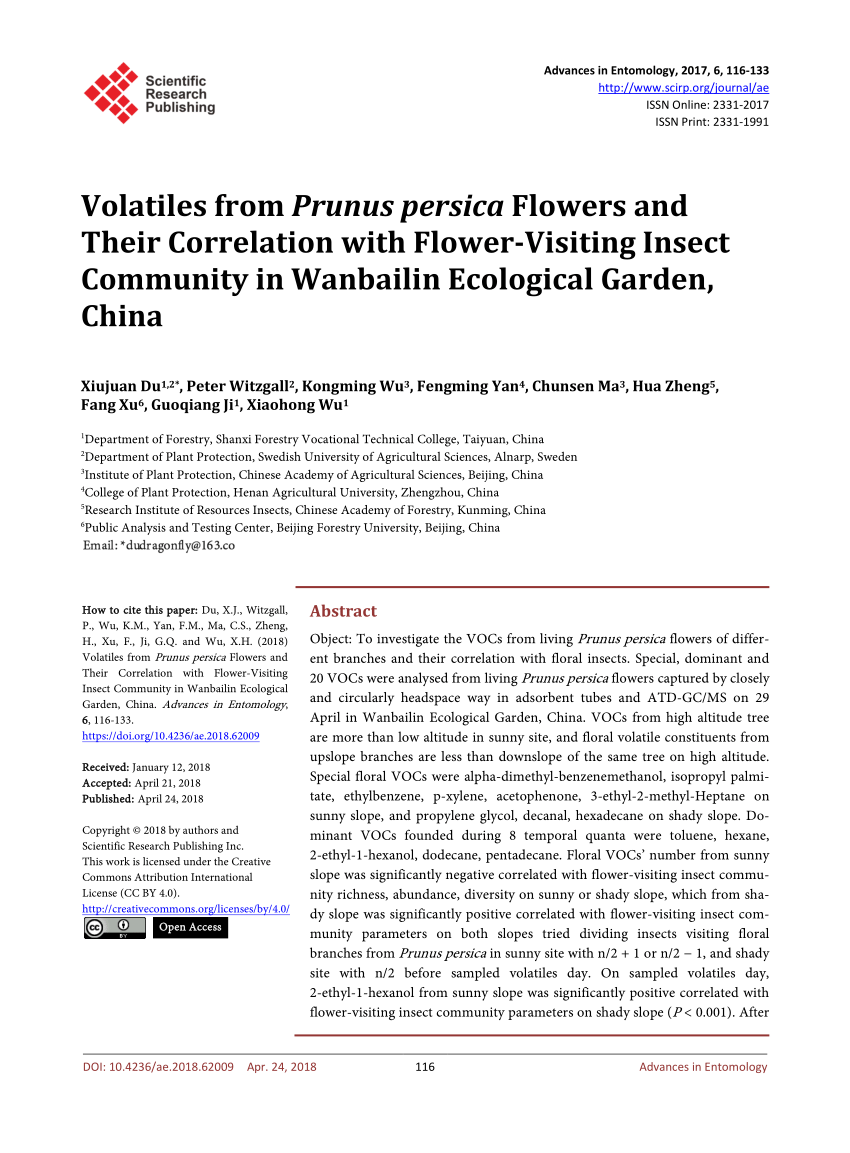 Pdf Volatiles From Prunus Persica Flowers And Their Correlation With Flower Visiting Insect Community In Wanbailin Ecological Garden China