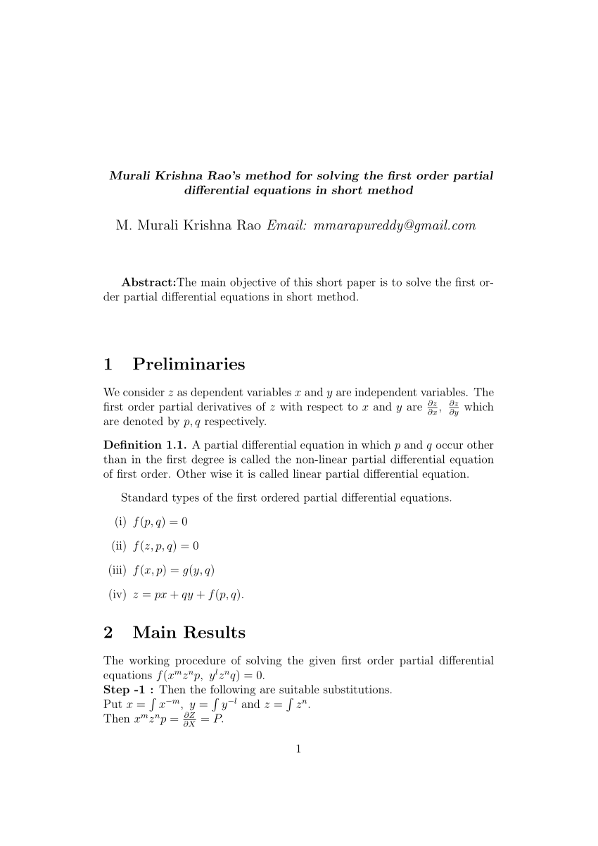 Pdf Murali Krishna S Method For Solving The Non Linear First Order Partial Differential Equations Standard Types Of Non Linear Partial Differential Equations