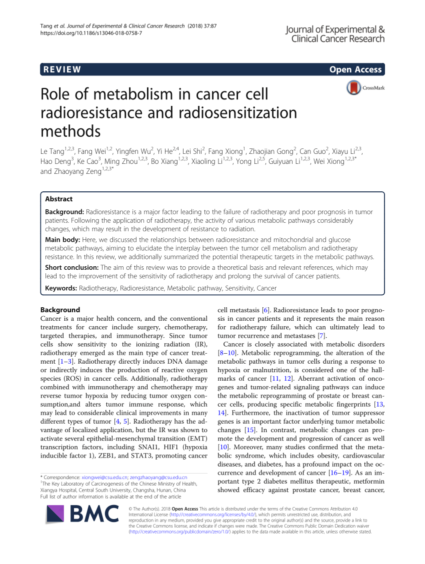 PDF) Role of metabolism in cancer cell radioresistance and 