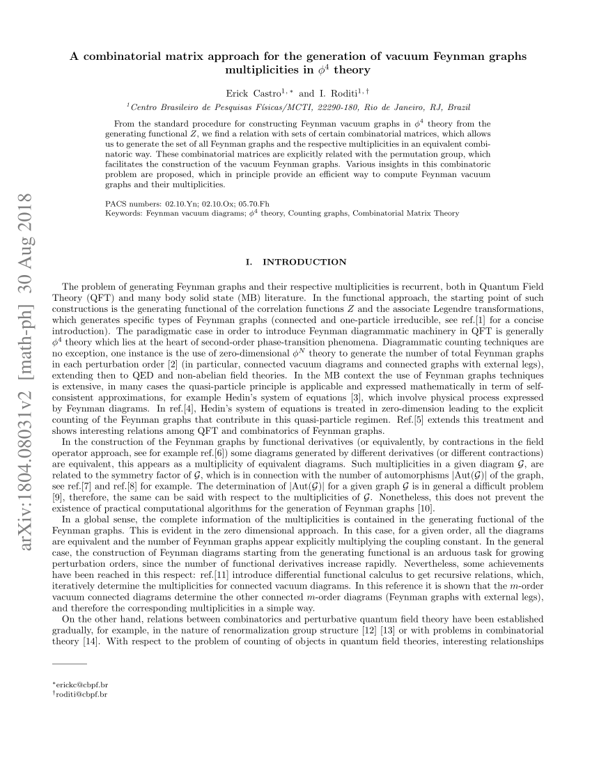 Pdf A Combinatorial Matrix Approach For The Generation Of Vacuum Feynman Graphs Multiplicities In Phi 4 Theory