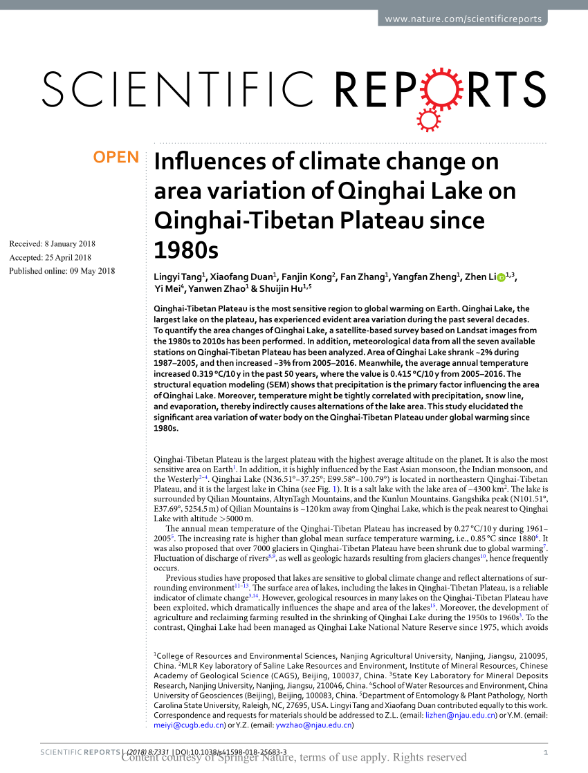 Pdf Influences Of Climate Change On Area Variation Of Qinghai Lake On Qinghai Tibetan Plateau Since 1980s