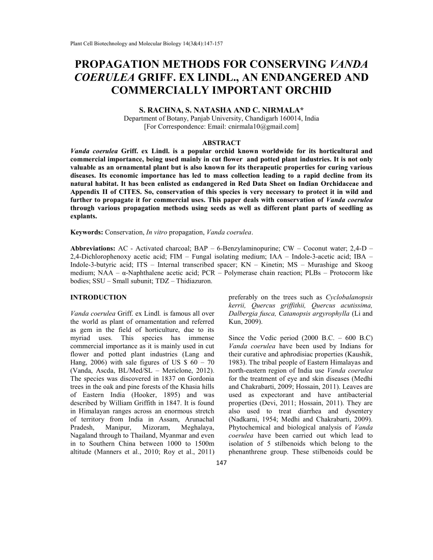 PDF) PROPAGATION METHODS FOR CONSERVING VANDA COERULEA GRIFF. EX 