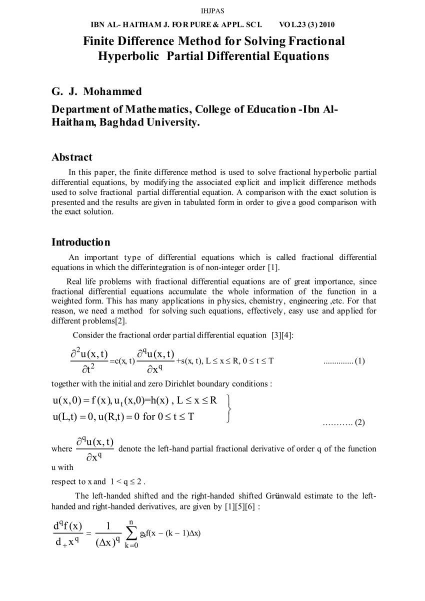 Pdf Finite Difference Method For Solving Fractional Hyperbolic Partial Differential Equations