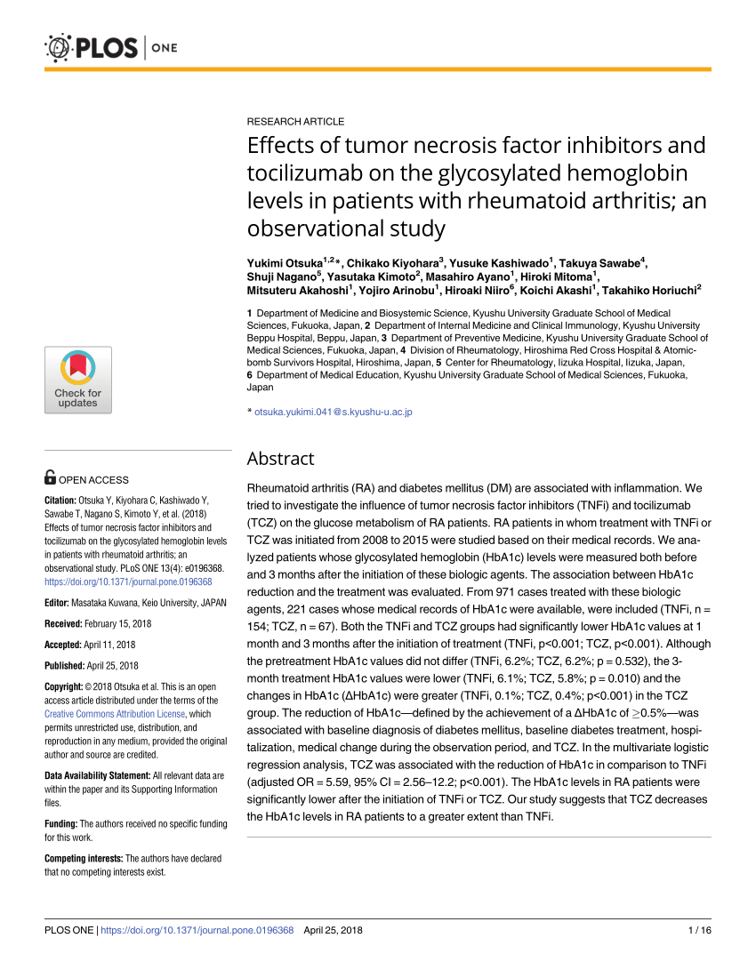 Pdf Effects Of Tumor Necrosis Factor Inhibitors And Tocilizumab On The Glycosylated Hemoglobin Levels In Patients With Rheumatoid Arthritis An Observational Study