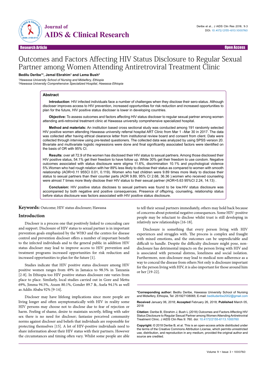 Pdf Outcomes And Factors Affecting Hiv Status Disclosure To Regular Sexual Partner Among Women 0682