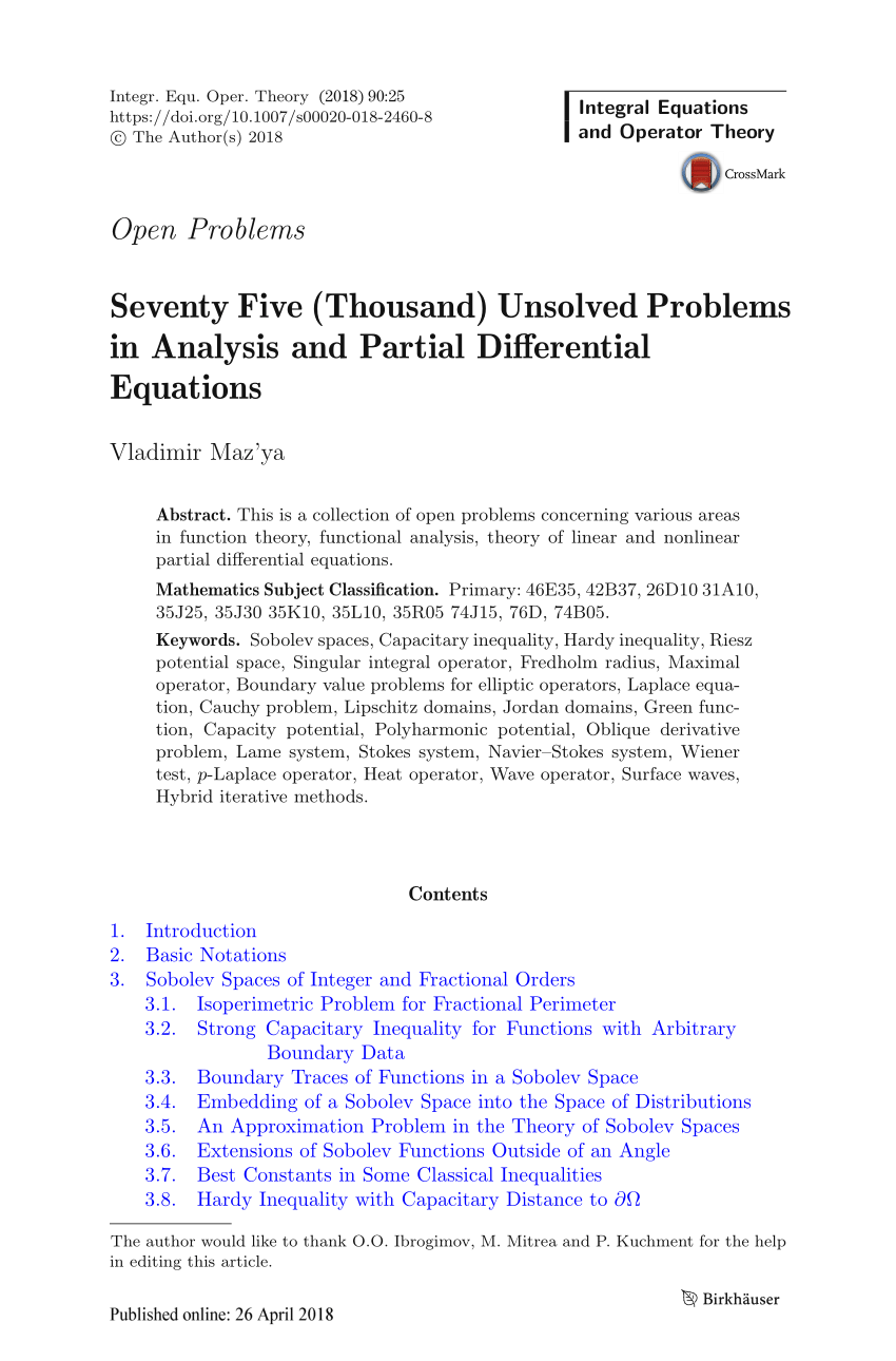 Pdf Seventy Five Thousand Unsolved Problems In Analysis And Partial Differential Equations