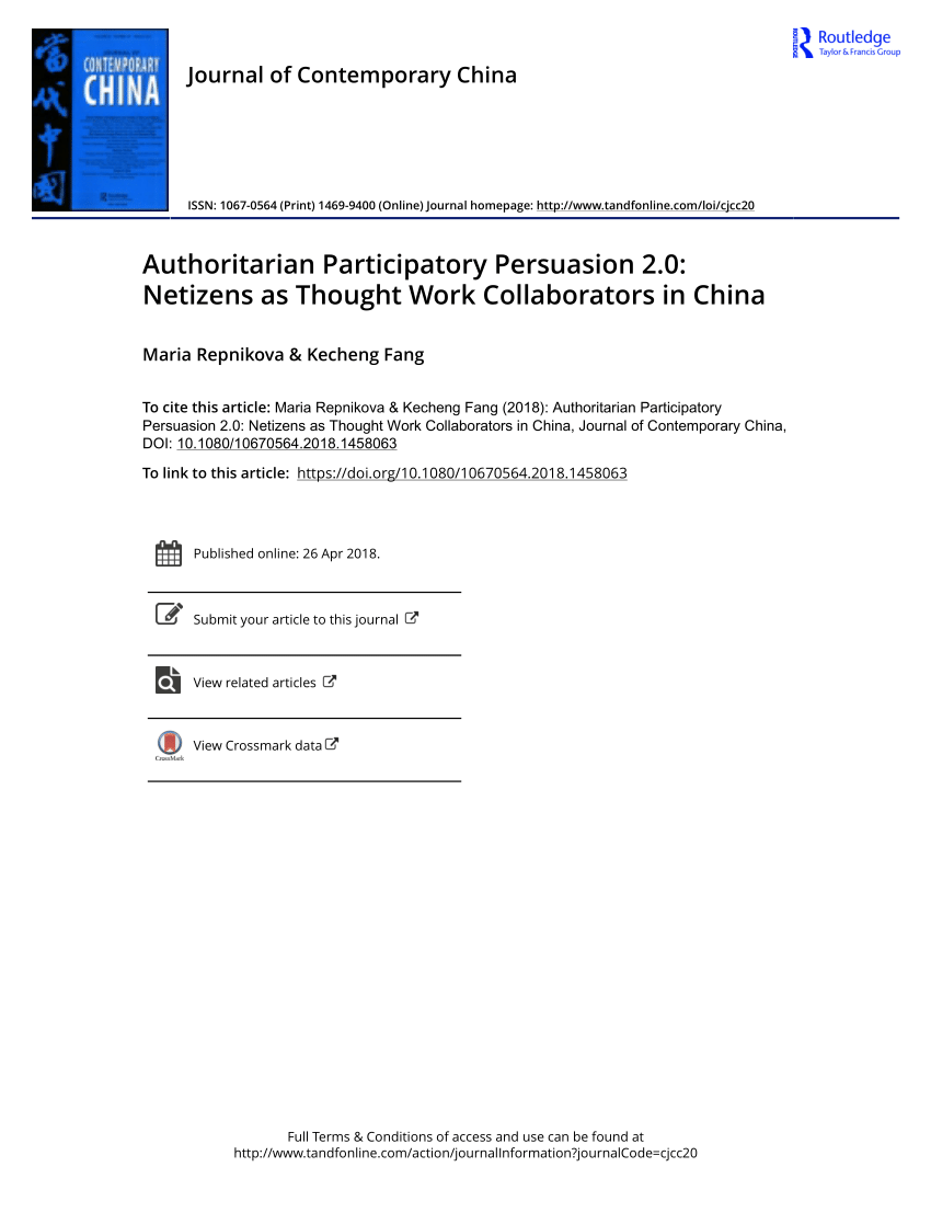 Pdf Authoritarian Participatory Persuasion 2 0 Netizens As Thought Work Collaborators In China